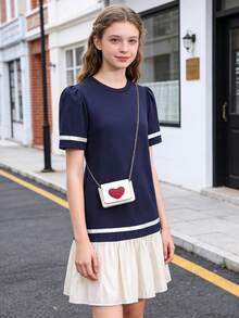 SHEIN Teen Girl Cute & Lively Round Neck Petal Sleeve Contrast Color Ruffle Hem Dress, Suitable For Outings And Gatherings, Does Not Include Chain Bag - Navy Blue - View 3