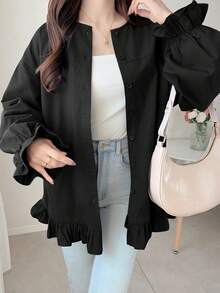 FRIFUL Áo sơ mi nữ màu trơn cổ tròn tay dài viền bèo cài một hàng khuy kiểu dáng thường ngày mùa hè - màu đen - Xem 5