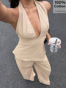 Siren Gaze Bộ đồ nữ gợi cảm gồm áo hai mảnh hở lưng và quần dài, thích hợp cho mùa hè. - Màu be - Xem 5