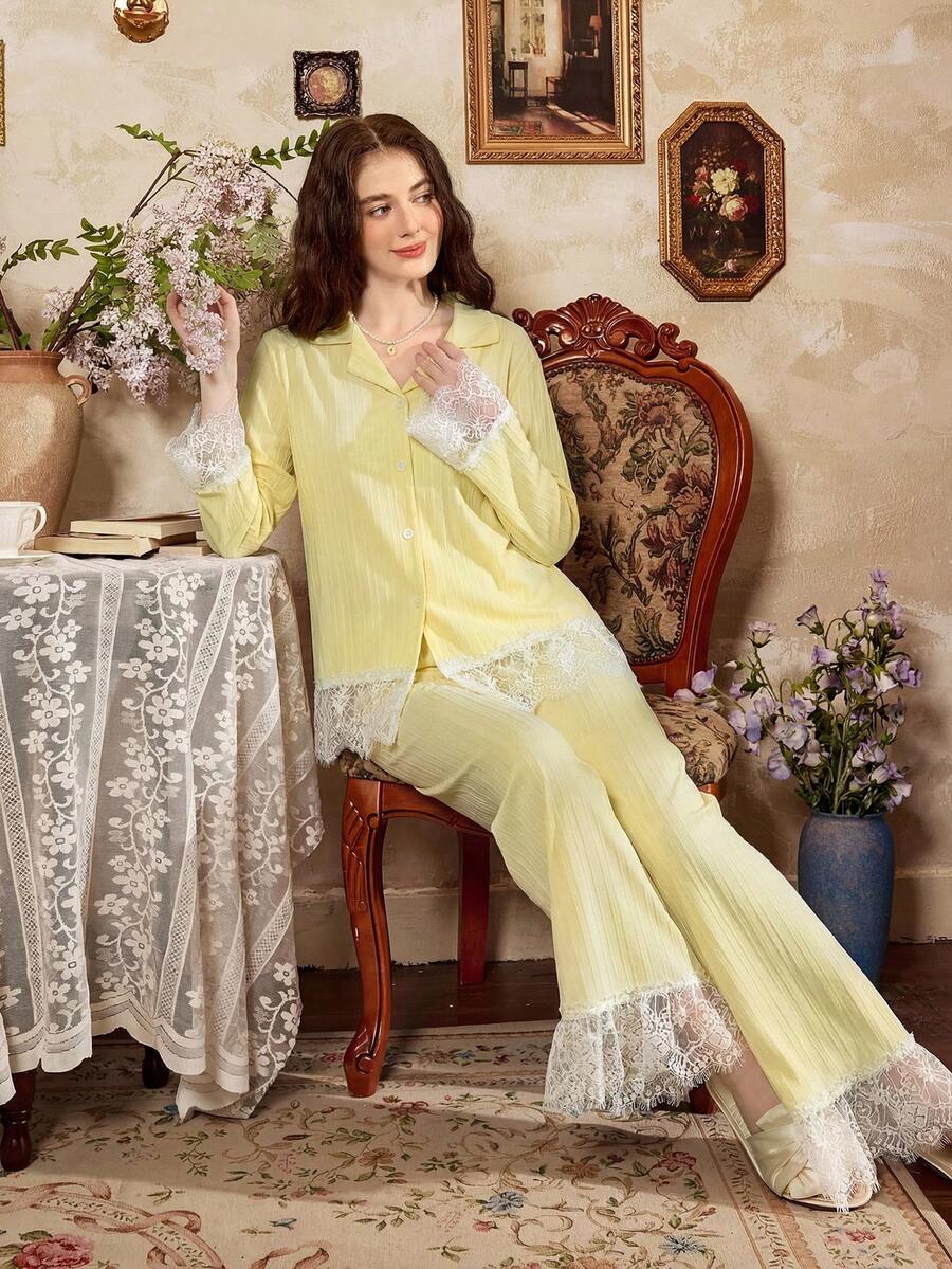 French Elegant Romantic Lace Patchwork Women Pajama Set - Yellow - View 1