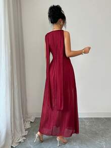 Modelyn 女士优雅浪漫闪亮V领系腰酒红色连衣裙，适合约会、度假、通勤、家庭聚会、春夏穿着 - 紅色 - 查看 2