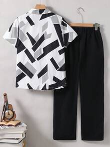 Vacaura 两件套青少年夏季休闲套装，包括一件纽扣衬衫和一条宽松长裤，适合日常穿着。 - 黑色 - 查看 2