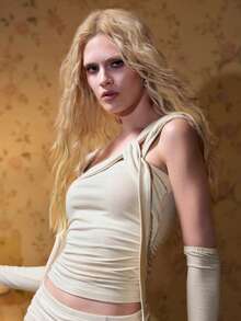 ROMWE Sweet & Cool Ruched Asymmetric Shoulder Tight Camisole With Sleeve Cuffs - Beige - View 2