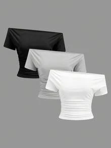 SHEIN EZwear 3件套女士休闲修身单肩T恤，女士夏季套装，女士休闲服 - 彩色 - 查看 13