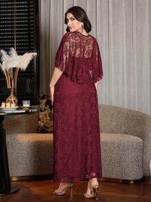 Modelyn Designer Plus Size Elegant Burgundy Long Lace Dress With Cloak Sleeves And Stand Collar - Burgundy - View 2