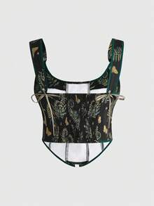 ROMWE Áo camisole dáng ôm, thắt dây, họa tiết bướm đêm, lá cây và rừng bí ẩn phong cách nhà tranh mùa xuân/hè cỡ lớn, in toàn thân theo kiểu Fairycore. - màu xanh lá - Xem 2
