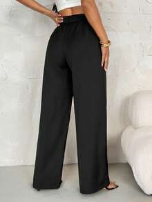 SHEIN PETITE Quần ống rộng xếp ly cạp cao phong cách công sở sang trọng, thanh lịch – Quần tây dáng suông màu trơn, trang phục công sở chuyên nghiệp, quần tây công sở may đo thời trang dành cho nữ. - màu đen - Xem 3