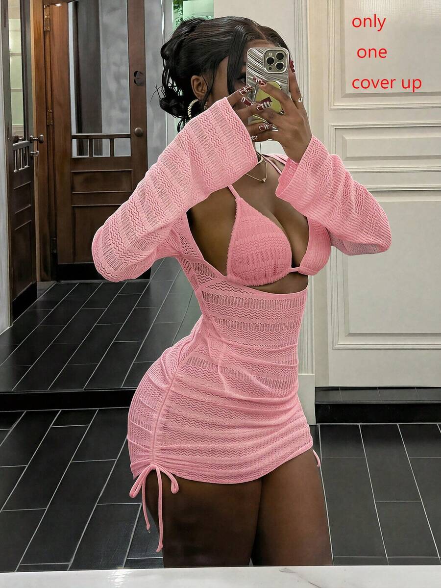 春夏新款亮泽纯色荧光黄纹理面料高弹性感镂空侧边修身黑色派对外出航海度假沙滩连衣裙女士浪漫度假连体泳衣罩衫 - 粉色 - 查看 1