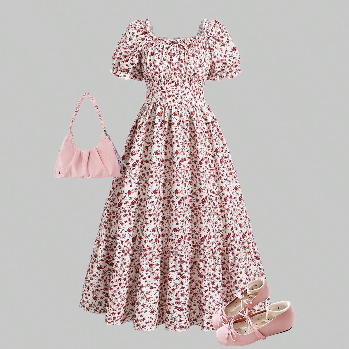 Vestido mini de niña adolescente con mangas abullonadas, cintura ceñida y estampado floral diminuto, con impresión digital y pliegues, adecuado par