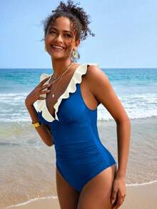 Swim Vcay Traje de baño de una pieza de moda sexy con volantes y unicolor para mujer - Agua verde azul - Ver 4