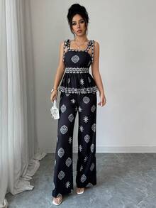 Selianne Conjunto informal de 2 piezas de top de tirantes con pliegues y estampado floral y pantalones de pierna ancha - Negro - Ver 3