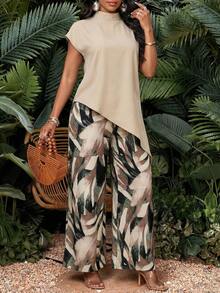 SHEIN Lady Bộ đồ thời trang nữ gồm áo vạt lệch và quần in họa tiết (2 món). - Nhiều màu - Xem 9