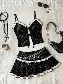 Attitoon Women's Black And White Dots Prints Fashion Dark Goth Style Frill Trim Camisole Top & Mini Skirt 2-Piece Set, Gothic Summer Clothes,Summer Outfits ,Black Top  And Skirt,Music Festival, Black And White Polka Dot Two Piece Set, - Black - View 10