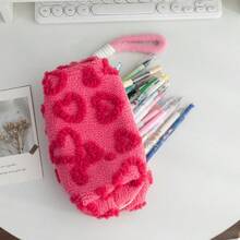 1 PC Heart Embossed Plush Cosmetic Bag, Cute & Stylish Large-Capacity Storage Bag, Multi-Functional Student Pencil Case & Sundries Organizer, Zippered Large-Opening Portable Travel Bag With Wrist Strap, Ideal For Women & Girls, Perfect For Daily Use & Back-To-School - Multicolor - View 6