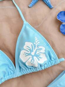 SHEIN Bộ bikini dây mảnh buộc cổ màu xanh trơn in họa tiết dành cho bé gái tuổi teen, đồ đi biển mùa hè, bộ bikini buộc cổ, đồ bơi đi biển mùa hè - Màu xanh lam - Xem 7