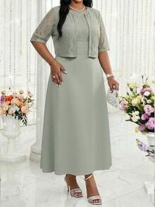 SHEIN Lady 大码夏季优雅撞色蕾丝无袖连衣裙和外套两件套 - 綠色 - 查看 3
