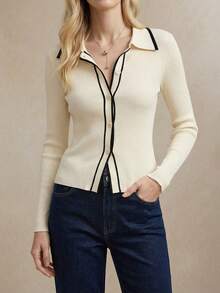 BizChic Women's Elegant Striped Long Sleeve Casual Cardigan, Versatile Christmas Blouse, All-Match Business Casual Knit Sweater For Autumn/Winter - Beige - View 1