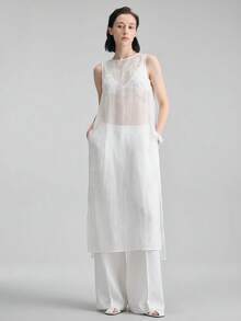 Ontre 女款白色優雅夏季茶會上衣，半透明歐根紗繩編刺繡無袖側開衩H型圓領商務休閒辦公穿搭 - 白色 - 查看 5