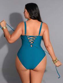 Shapewave Women's Plus Size One-Piece Swimsuit,Light Teal Summer Elegant Beach Luxury Metal Buckle Hollow Out Tummy Control Fitted Bathing Suit Curve - Blue - View 2