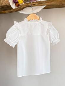 Souflis Souflis Tween女孩優雅可愛夏季白色韓式刺繡網紗短澎澎袖襯衫，適合返校季、派對、婚禮賓客穿著 - 白色 - 查看 3