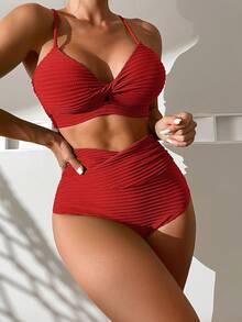Swim Lushoire Conjunto de bikini de unicolor para vacaciones en la playa - Rojo - Ver 1
