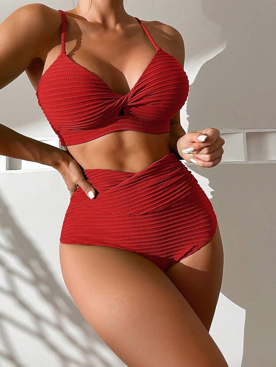 Swim Lushoire Conjunto de bikini de unicolor para vacaciones en la playa - Rojo - Ver 1