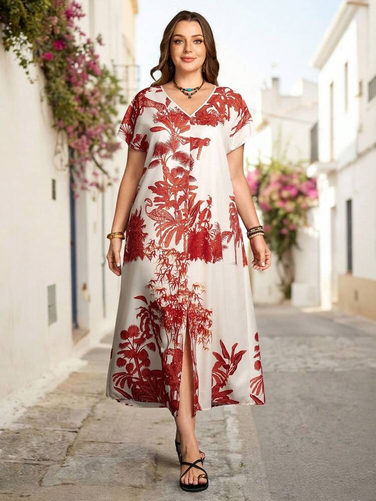 Plus Size Women Plant Print V-Neck Short Sleeve Casual Dress Summer Outfits Beach Vacation Outfits For Women Floral Dress BOHO Clothes Women's Summer Outfits Resort Wear Women Vacation Dress Long Summer Dresses For Women Women Casual Dresses Summer Outfits For Women Beach Outfit For Women Casual Vacation Outfits Women Country Concert Outfit Peplum