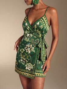 Swim Oasis 女士印花系带吊带连衣裙，度假风 - 綠色 - 查看 4