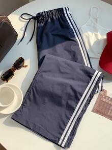 SHEIN EZwear 條紋圖案側腰部抽繩闊腿褲 - 藏蓝色 - 查看 3