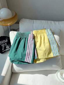 Comfortcana 2pcs Women's Summer Contrast Color Woven Shorts - Pale Yellow - View 5