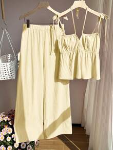 SHEIN Comfortcana Bộ áo hai dây và quần dài màu vàng nhạt dệt kim kiểu dáng thường ngày. - Màu vàng ngỗng - Xem 3