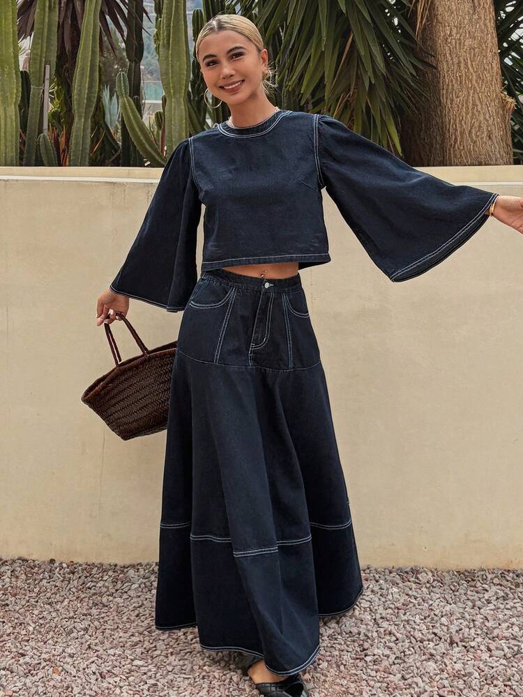 Women's Pullover Shirt And Denim Skirt Set, Spring/Summer