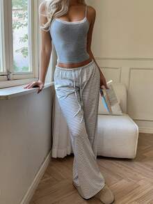 少女夏季休闲度假通勤撞色蕾丝修身短款吊带背心搭配条纹印花抽绳腰阔腿裤套装 - 灰色 - 查看 5