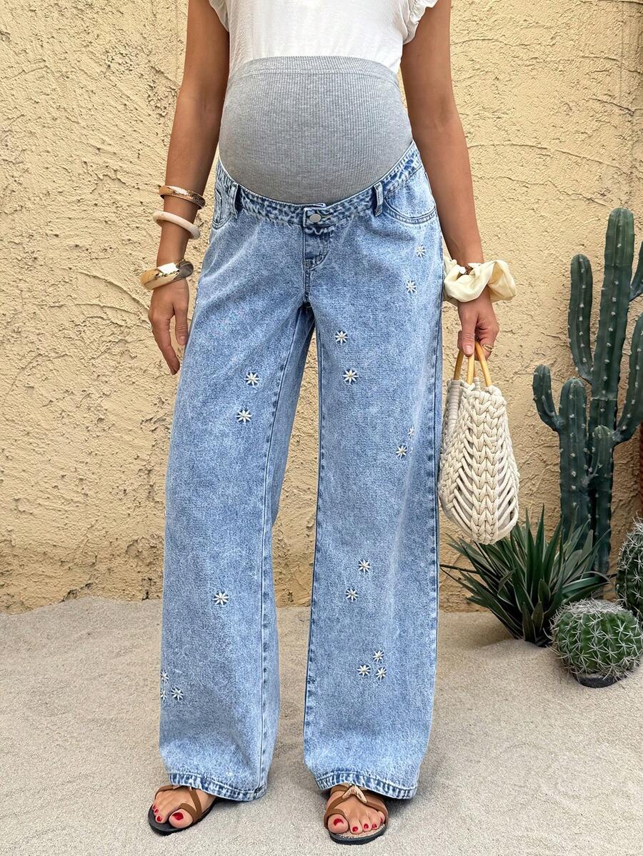 SHEIN Maternity Knit Belly Support Blue Denim Loose Straight Leg Pants - Blue - View 1