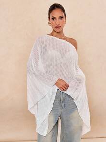 Lumalex 女士纯色不对称肩部休闲沙滩罩衫 - 白色 - 查看 6