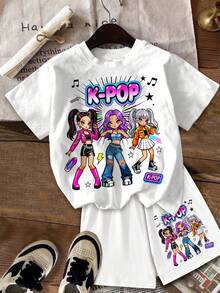 Set de 2 piezas de camiseta y pantalones cortos con estampado de personajes de dibujos animados para niña, adecuado para el verano - Multicolor - Ver 3