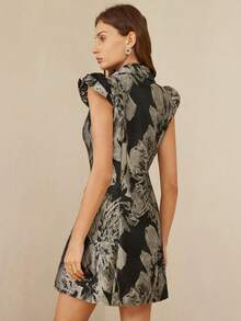 BELROSIE Elegant Sleeveless Black Floral Jacquard Dress,Summer Party French Style Blazer Collar With Double-Row Pearl Button,Lightweight Luxurious Commute - Multicolor - View 3