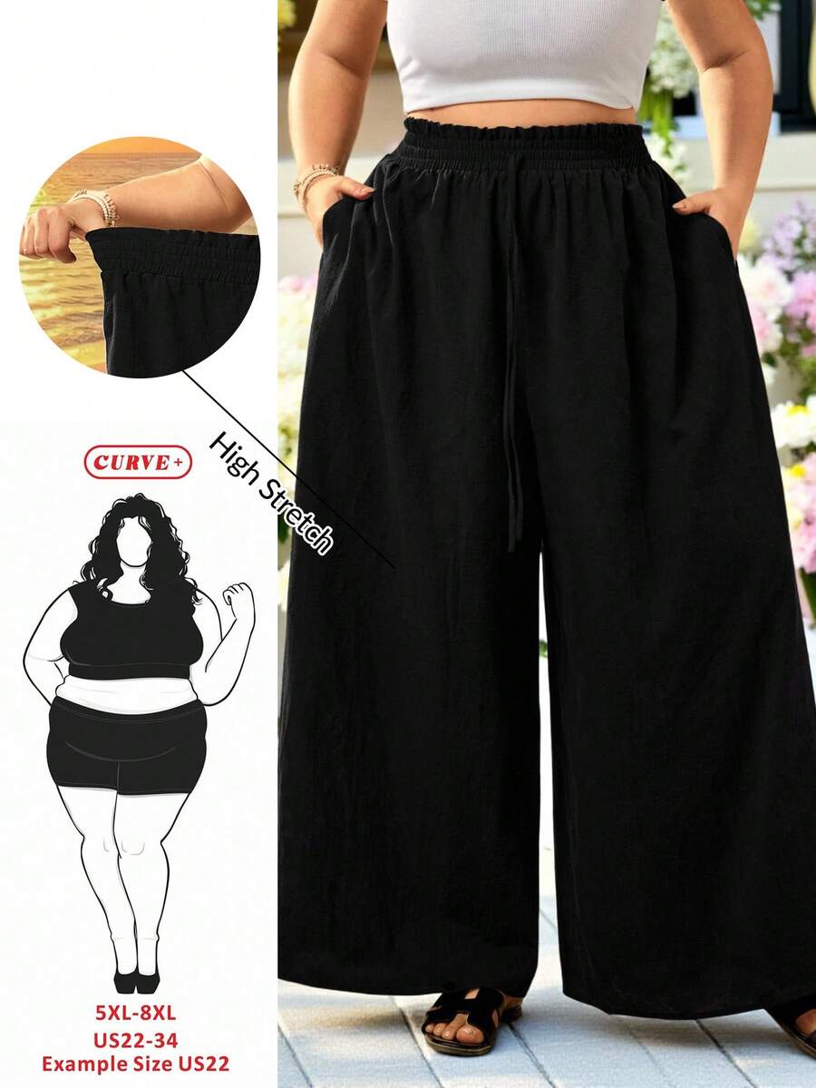 SHEIN CURVE+ 大码女式夏季休闲度假抽绳腰阔腿裤 - 黑色 - 查看 1