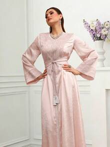 Elegant Luxurious Embroidered V-Neck Flare Sleeve Dress, Fashionable For Spring/Summer - Pink - View 9