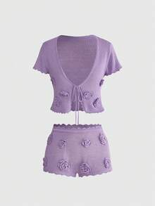 ROMWE Bộ đồ nữ gồm áo croptop ren hoa 3D ôm sát và quần short cạp thấp, kiểu dáng Island Hottie. - Màu tím - Xem 1