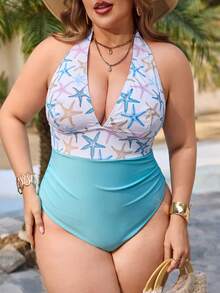 Swim Lushoire 新款夏季海滩度假海星印花清爽撞色连体泳衣，女士款，大码 - 彩色 - 查看 4