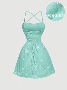 MOD Vestido mini elegante de tirantes finos con cintura ceñida y parches de lentejuelas para mujer - verde menta - Ver 4