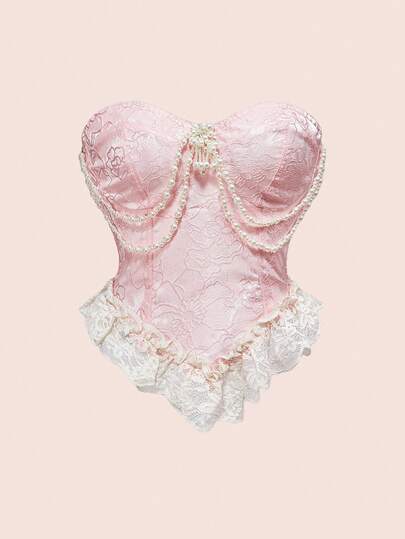 ROMWE Kawaii 春夏复古维多利亚风格宫廷重工蕾丝缎面珍珠胸针装饰粉色女式上衣