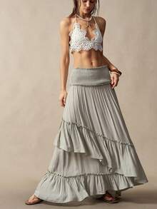 Bohemela Women's Sage Green Summer Boho Beach Holiday Skirt,Bohemian Ruffle Midi Skirt,Convertible Two-Way Strapless Tube Top,Casual Woven Streetwear Festival - Green - View 4