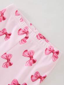 SHEIN [5-Set Random Delivery 2-Set] Baby Girls' Short Sleeve Pajama Set, Summer Thin Knit Fabric, Heart, Flower, Bow, Bear Print, Comfortable Tight Fit Round Neck Tee And Shorts Sleepwear Set - Multicolor - View 4