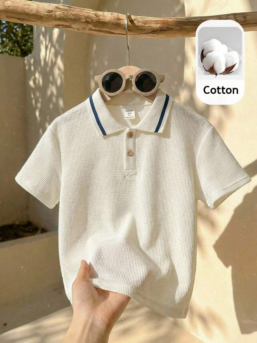 LMoss Kids Young Boy Casual Daily Commute Versatile Textured Fabric Contrast Striped Trim Short Sleeve Polo Shirt, Summer - Beige - View 1