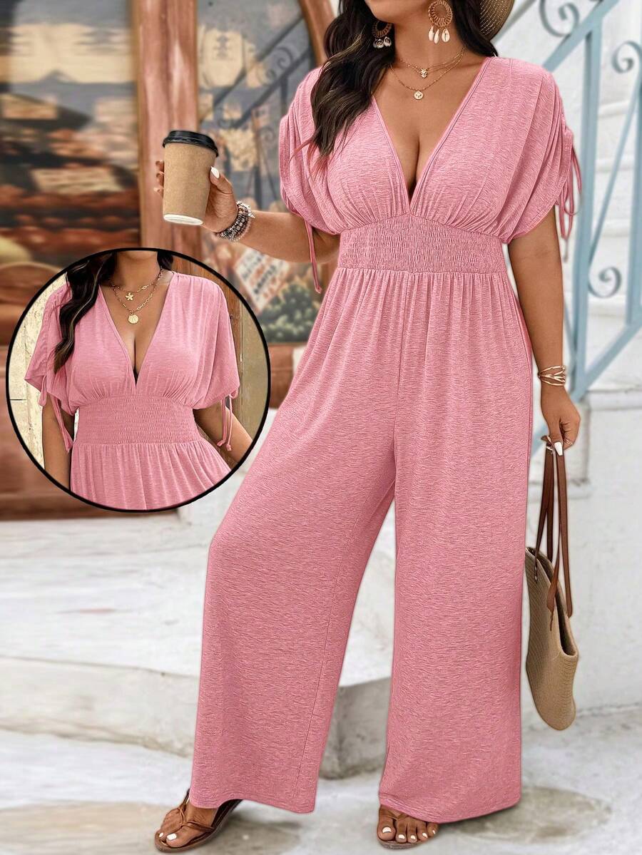 Weeklong Plus Size V-Neck Soft Knit Adjustable Shoulder Line Jumpsuit With Drawstring Waist, Casual Comfortable Outfit For Vacation - Pink - View 1