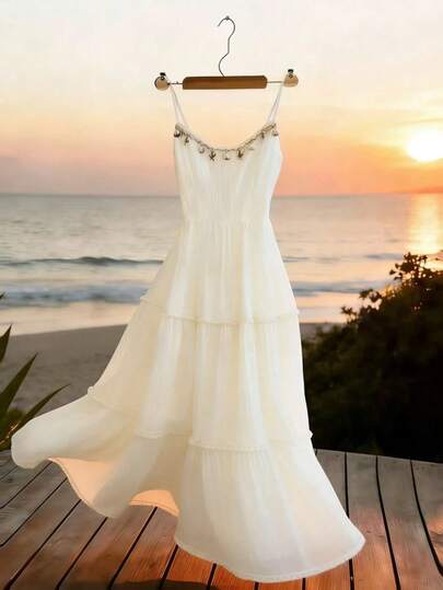 GlowEve French Elegant Sleeveless Spaghetti Strap Dress, Waist Cinched Dress For Summer Beach Vacation, Graceful & Charming