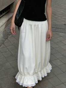 MainGRL 优雅白色弹力腰泡泡长裙，荷叶边下摆和蕾丝饰边，适合复活节、日常休闲夏季穿着，可爱简约白色灯笼裙，女士白色A字裙，2026春夏款 - 白色 - 查看 6