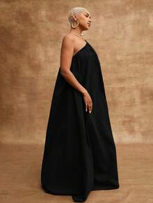 Vixey Woven Asymmetrical Single Strap Flowy Maxi Vacation Dress, Summer Holiday - Black - View 5